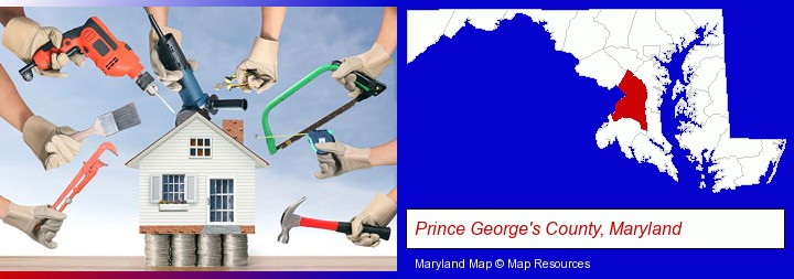 home improvement concepts and tools; Prince George's County, Maryland highlighted in red on a map