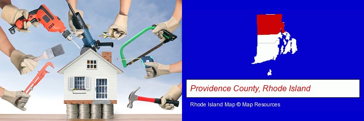 home improvement concepts and tools; Providence County, Rhode Island highlighted in red on a map