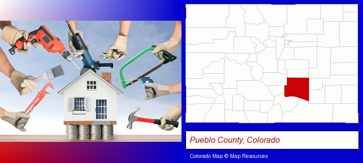 home improvement concepts and tools; Pueblo County, Colorado highlighted in red on a map