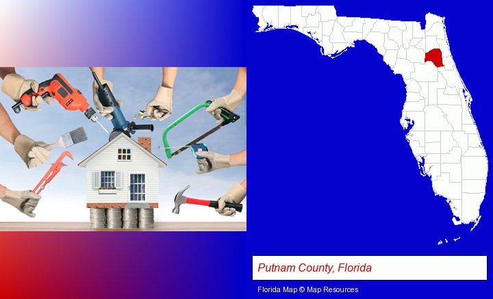 home improvement concepts and tools; Putnam County, Florida highlighted in red on a map