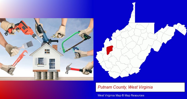 home improvement concepts and tools; Putnam County, West Virginia highlighted in red on a map