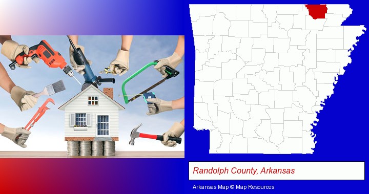home improvement concepts and tools; Randolph County, Arkansas highlighted in red on a map