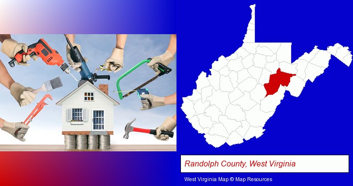 home improvement concepts and tools; Randolph County, West Virginia highlighted in red on a map