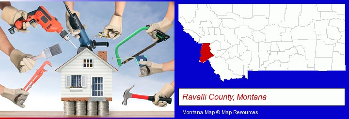 home improvement concepts and tools; Ravalli County, Montana highlighted in red on a map