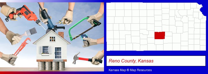 home improvement concepts and tools; Reno County, Kansas highlighted in red on a map