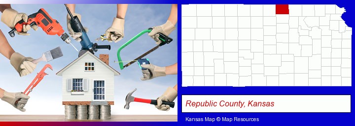 home improvement concepts and tools; Republic County, Kansas highlighted in red on a map