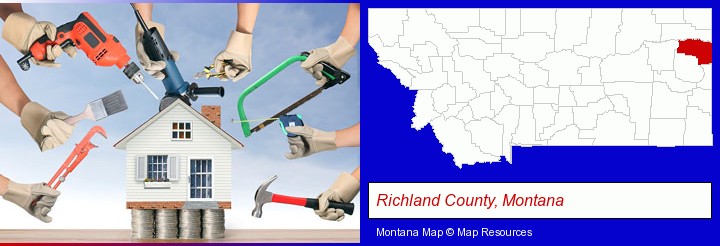 home improvement concepts and tools; Richland County, Montana highlighted in red on a map