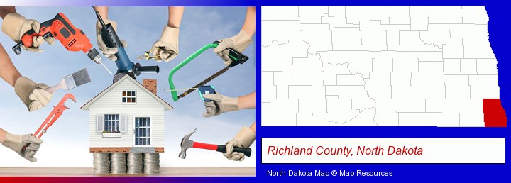 home improvement concepts and tools; Richland County, North Dakota highlighted in red on a map