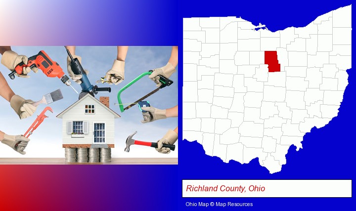 home improvement concepts and tools; Richland County, Ohio highlighted in red on a map