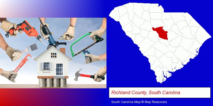home improvement concepts and tools; Richland County, South Carolina highlighted in red on a map