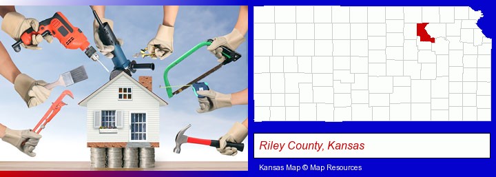 home improvement concepts and tools; Riley County, Kansas highlighted in red on a map