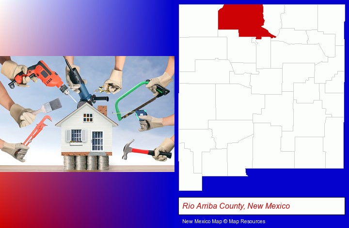 home improvement concepts and tools; Rio Arriba County, New Mexico highlighted in red on a map