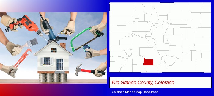 home improvement concepts and tools; Rio Grande County, Colorado highlighted in red on a map