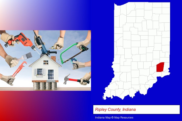 home improvement concepts and tools; Ripley County, Indiana highlighted in red on a map