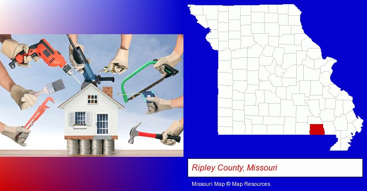 home improvement concepts and tools; Ripley County, Missouri highlighted in red on a map