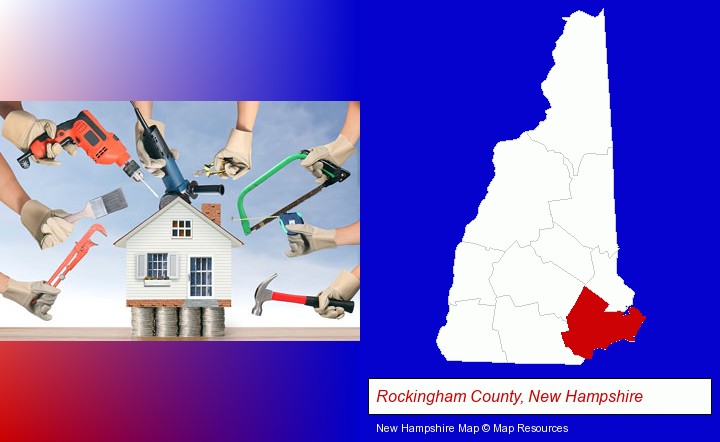 home improvement concepts and tools; Rockingham County, New Hampshire highlighted in red on a map