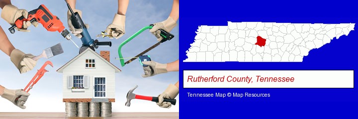 home improvement concepts and tools; Rutherford County, Tennessee highlighted in red on a map
