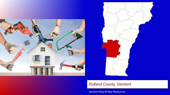 home improvement concepts and tools; Rutland County, Vermont highlighted in red on a map