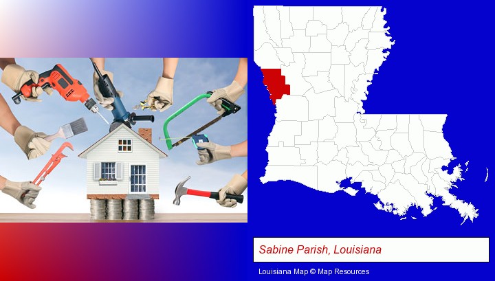 home improvement concepts and tools; Sabine Parish, Louisiana highlighted in red on a map