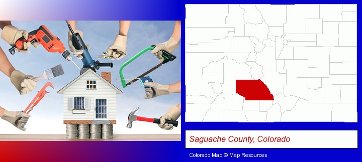 home improvement concepts and tools; Saguache County, Colorado highlighted in red on a map