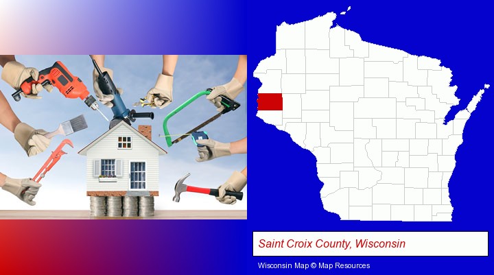 home improvement concepts and tools; Saint Croix County, Wisconsin highlighted in red on a map
