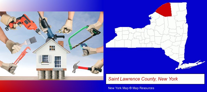 home improvement concepts and tools; Saint Lawrence County, New York highlighted in red on a map