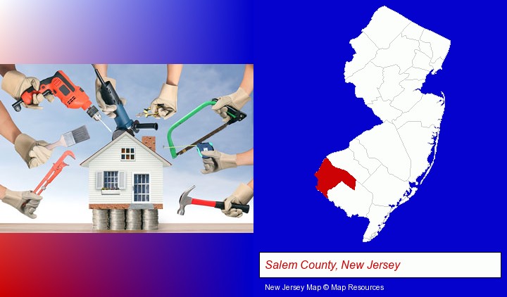 home improvement concepts and tools; Salem County, New Jersey highlighted in red on a map