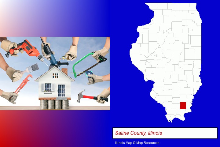 home improvement concepts and tools; Saline County, Illinois highlighted in red on a map