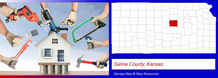 home improvement concepts and tools; Saline County, Kansas highlighted in red on a map