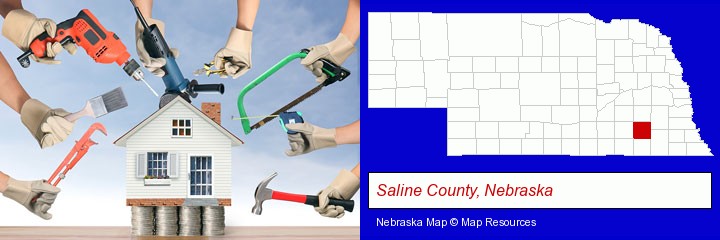 home improvement concepts and tools; Saline County, Nebraska highlighted in red on a map