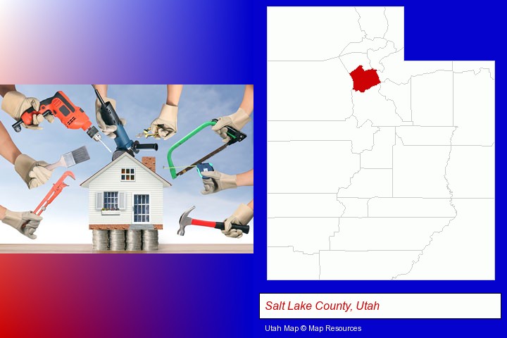 home improvement concepts and tools; Salt Lake County, Utah highlighted in red on a map