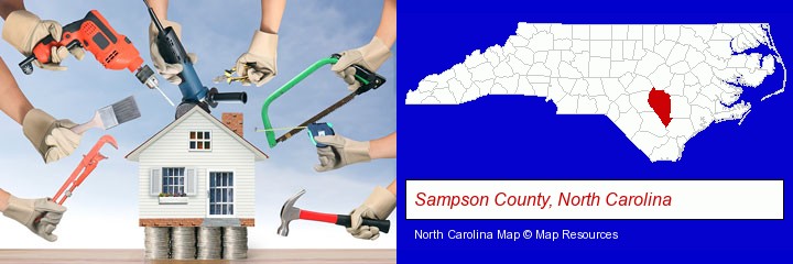 home improvement concepts and tools; Sampson County, North Carolina highlighted in red on a map