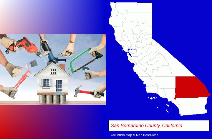 home improvement concepts and tools; San Bernardino County, California highlighted in red on a map
