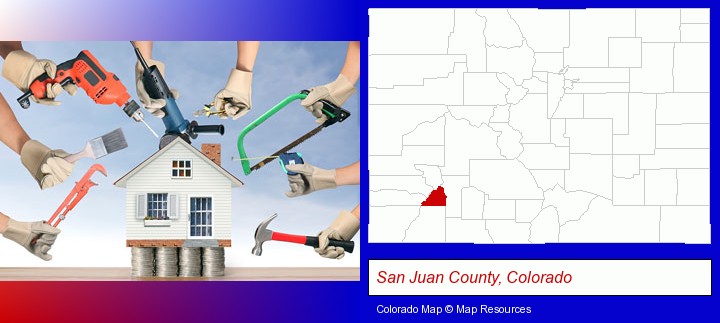 home improvement concepts and tools; San Juan County, Colorado highlighted in red on a map