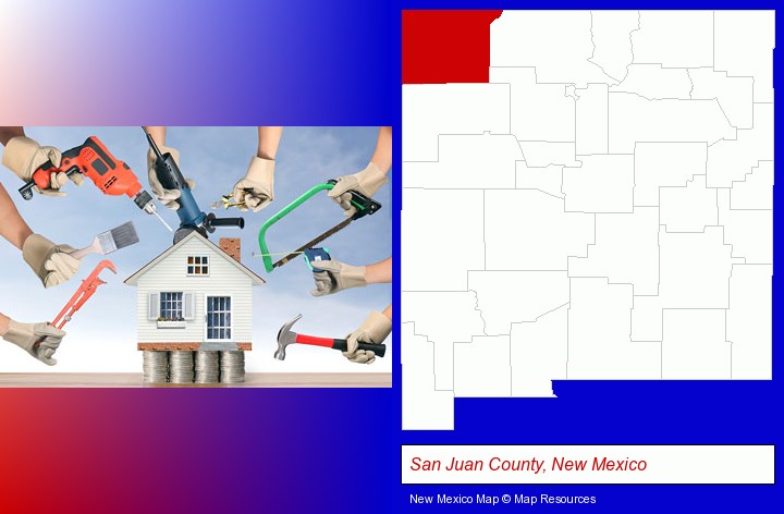 home improvement concepts and tools; San Juan County, New Mexico highlighted in red on a map