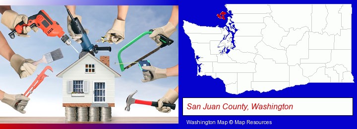 home improvement concepts and tools; San Juan County, Washington highlighted in red on a map