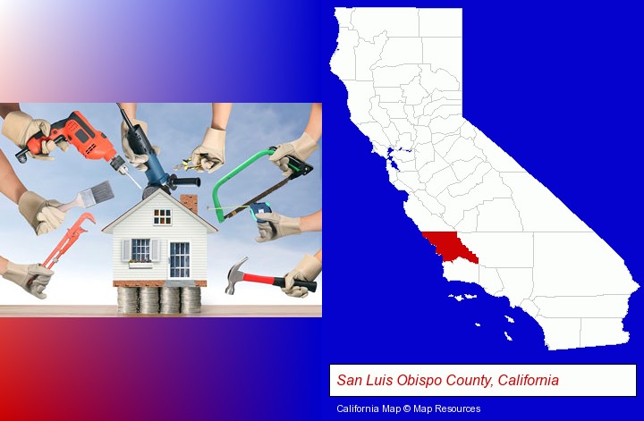 home improvement concepts and tools; San Luis Obispo County, California highlighted in red on a map