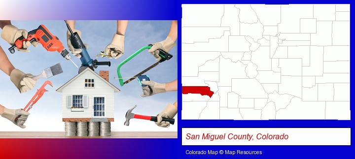 home improvement concepts and tools; San Miguel County, Colorado highlighted in red on a map