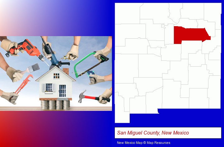home improvement concepts and tools; San Miguel County, New Mexico highlighted in red on a map