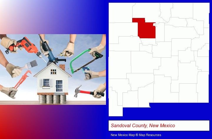 home improvement concepts and tools; Sandoval County, New Mexico highlighted in red on a map