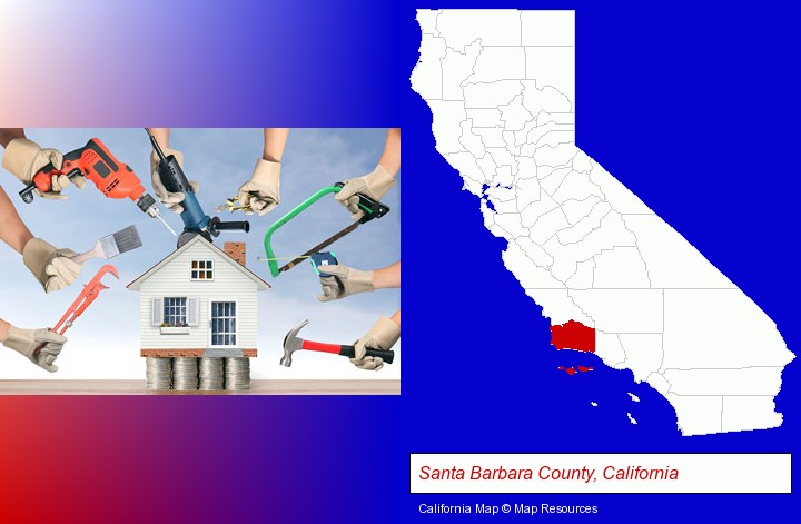 home improvement concepts and tools; Santa Barbara County, California highlighted in red on a map