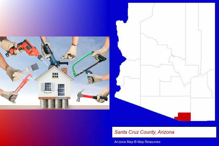 home improvement concepts and tools; Santa Cruz County, Arizona highlighted in red on a map