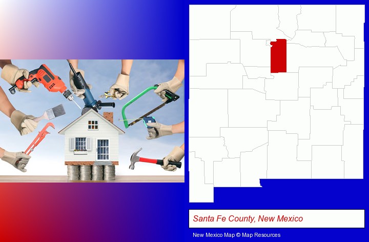 home improvement concepts and tools; Santa Fe County, New Mexico highlighted in red on a map