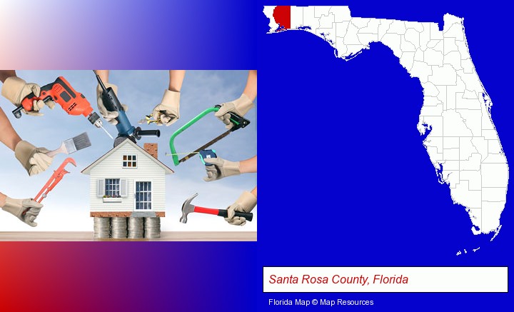 home improvement concepts and tools; Santa Rosa County, Florida highlighted in red on a map