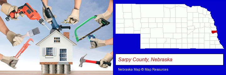 home improvement concepts and tools; Sarpy County, Nebraska highlighted in red on a map