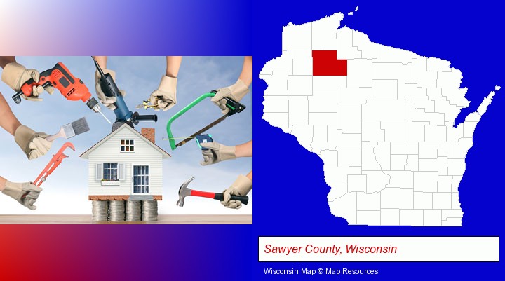 home improvement concepts and tools; Sawyer County, Wisconsin highlighted in red on a map