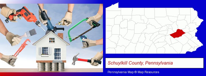 home improvement concepts and tools; Schuylkill County, Pennsylvania highlighted in red on a map