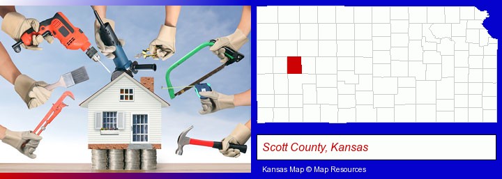 home improvement concepts and tools; Scott County, Kansas highlighted in red on a map