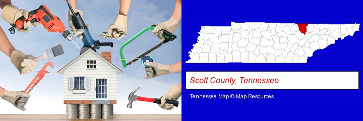 home improvement concepts and tools; Scott County, Tennessee highlighted in red on a map