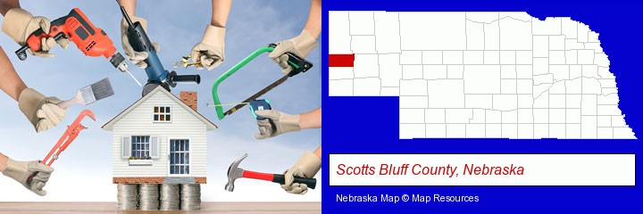 home improvement concepts and tools; Scotts Bluff County, Nebraska highlighted in red on a map